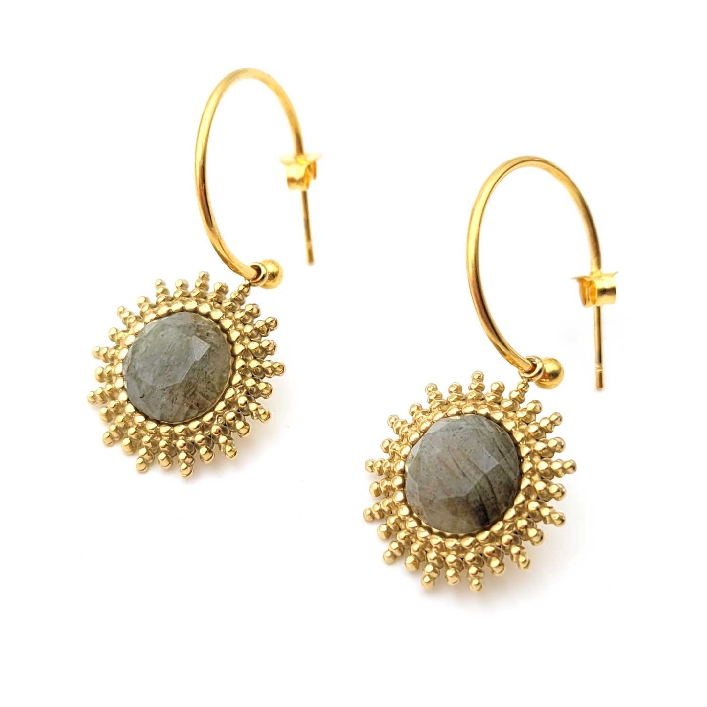 boucles d'oreilles soleil acier inoxydable doré labradorite