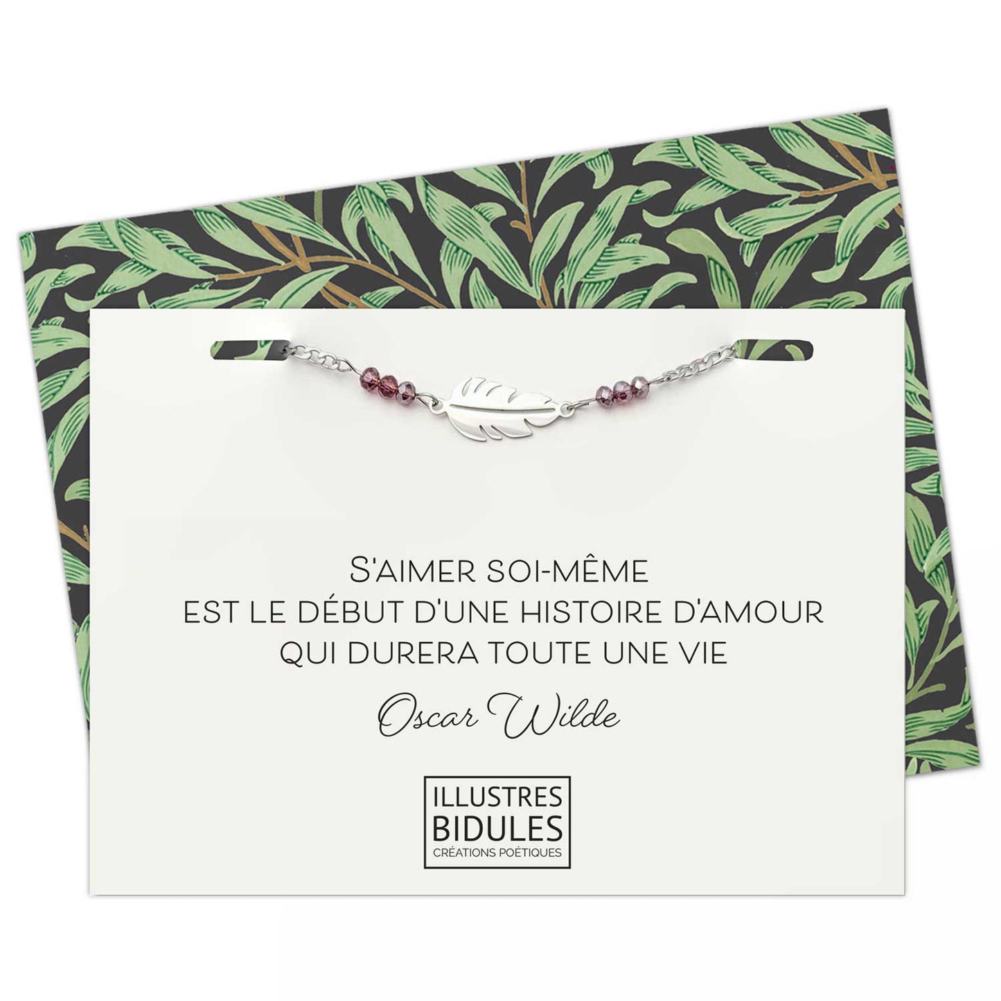 Bracelet Inox: plume acier inoxydable prune - S'aimer soi même est le début d'une histoire d'amour...