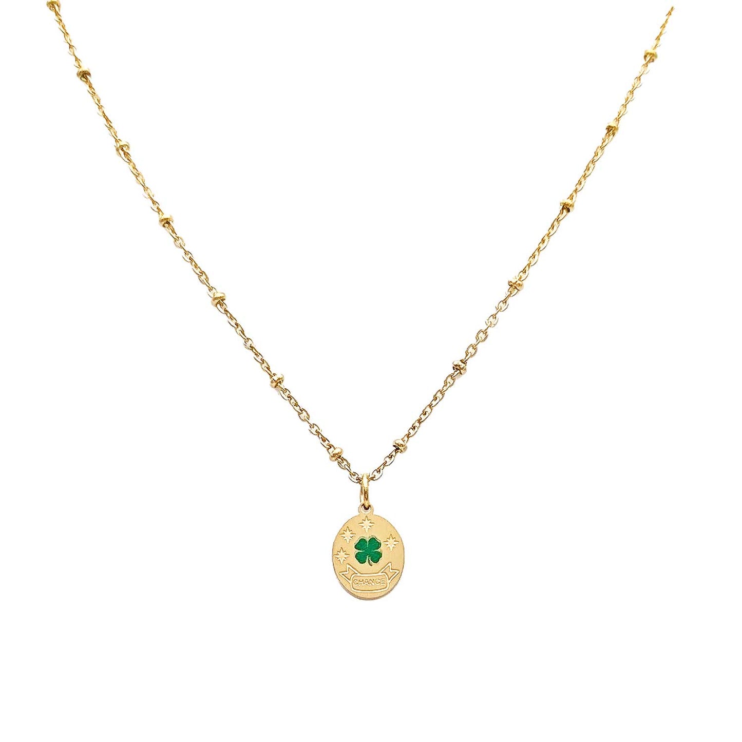 collier acier inoxydable doré avec pendentif trèfle à quatre feuille vert