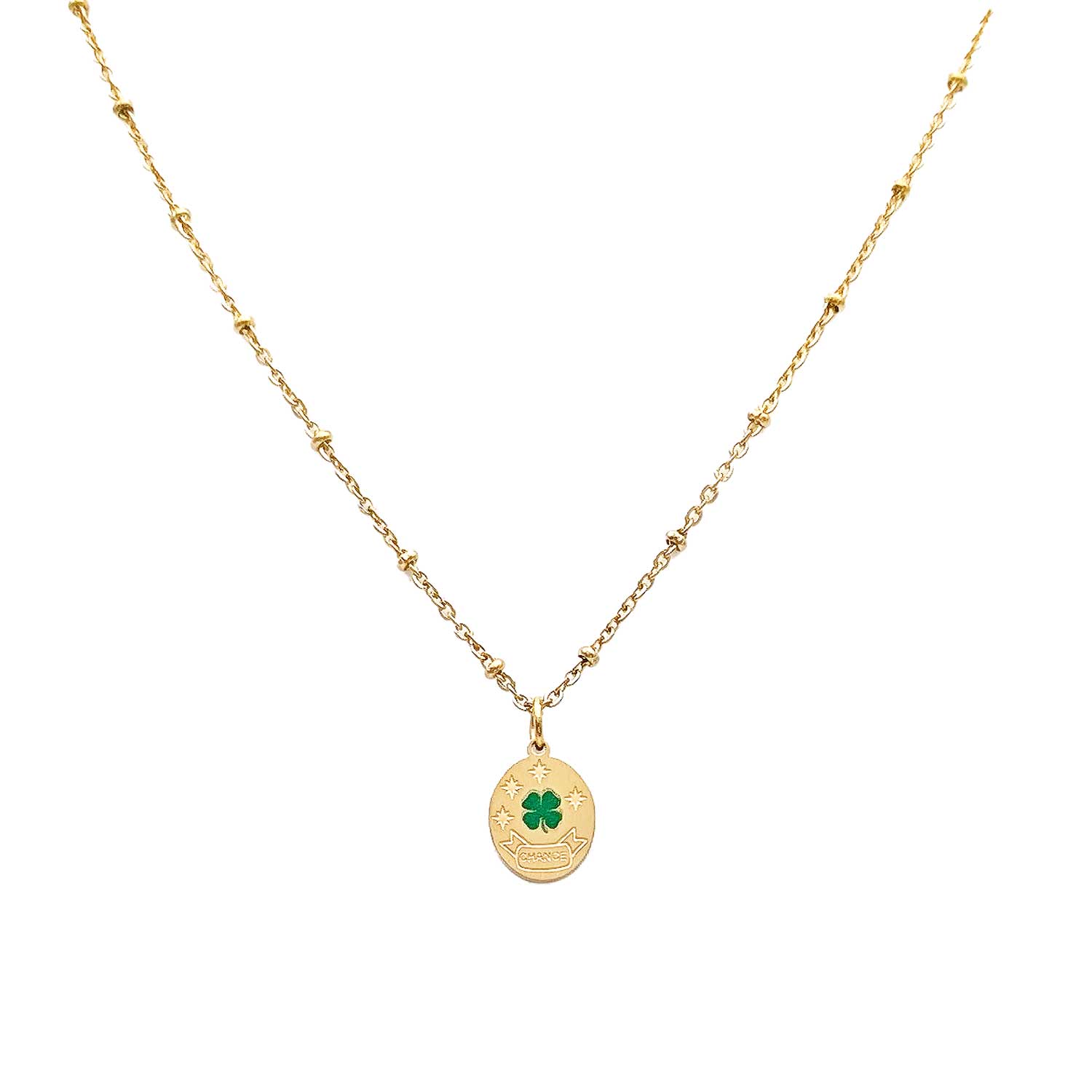 collier acier inoxydable doré avec pendentif trèfle à quatre feuille vert