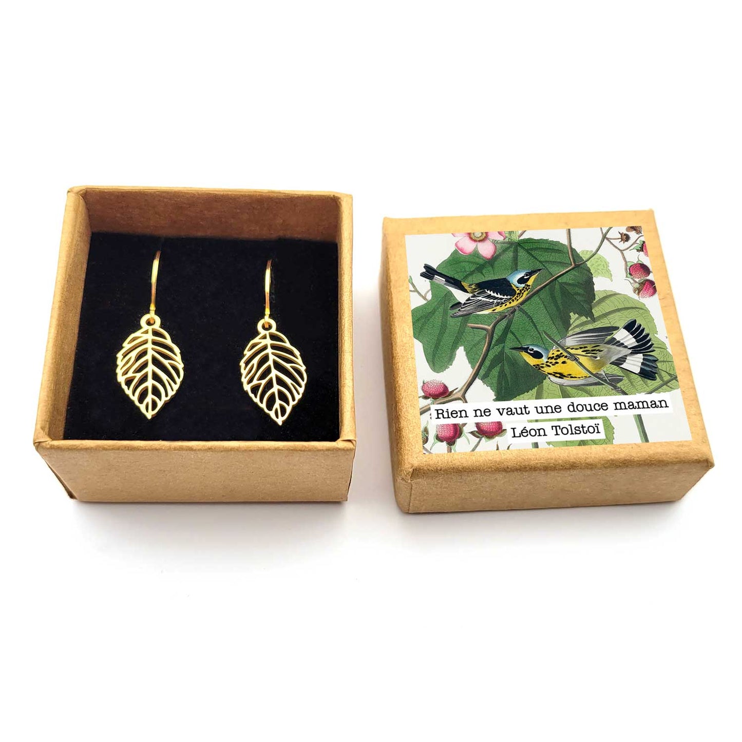 Boucles d’oreilles dormeuses feuille – Cadeau poétique pour maman avec boîte illustrée