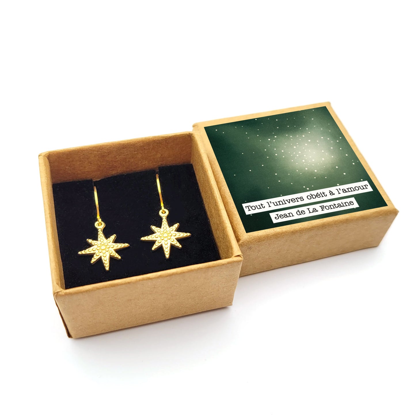 Dormeuses étoile dorées avec boîte B28 Tout l'univers obéit à l'amour - Bijou cadeau poétique