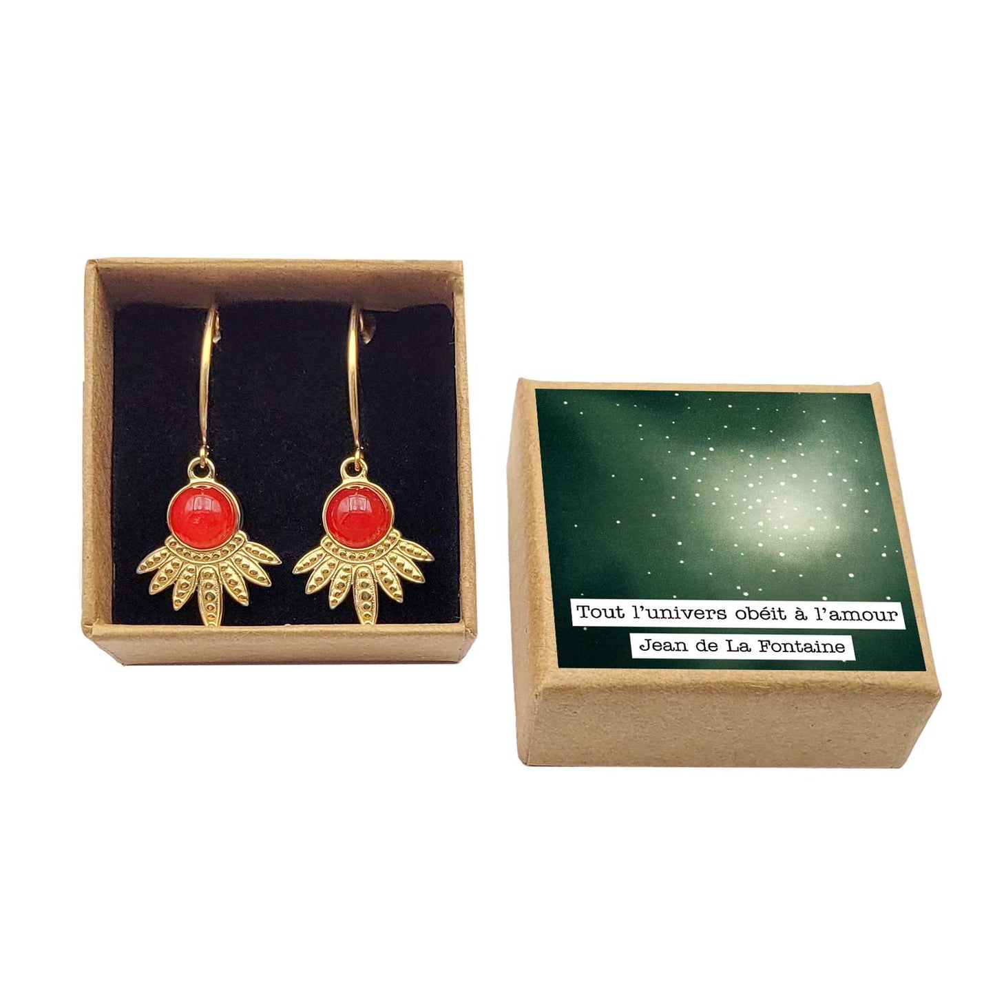 boucles d'oreilles demi créoles acier inoxydable doré avec jade rouge boite cadeau raffiné amour