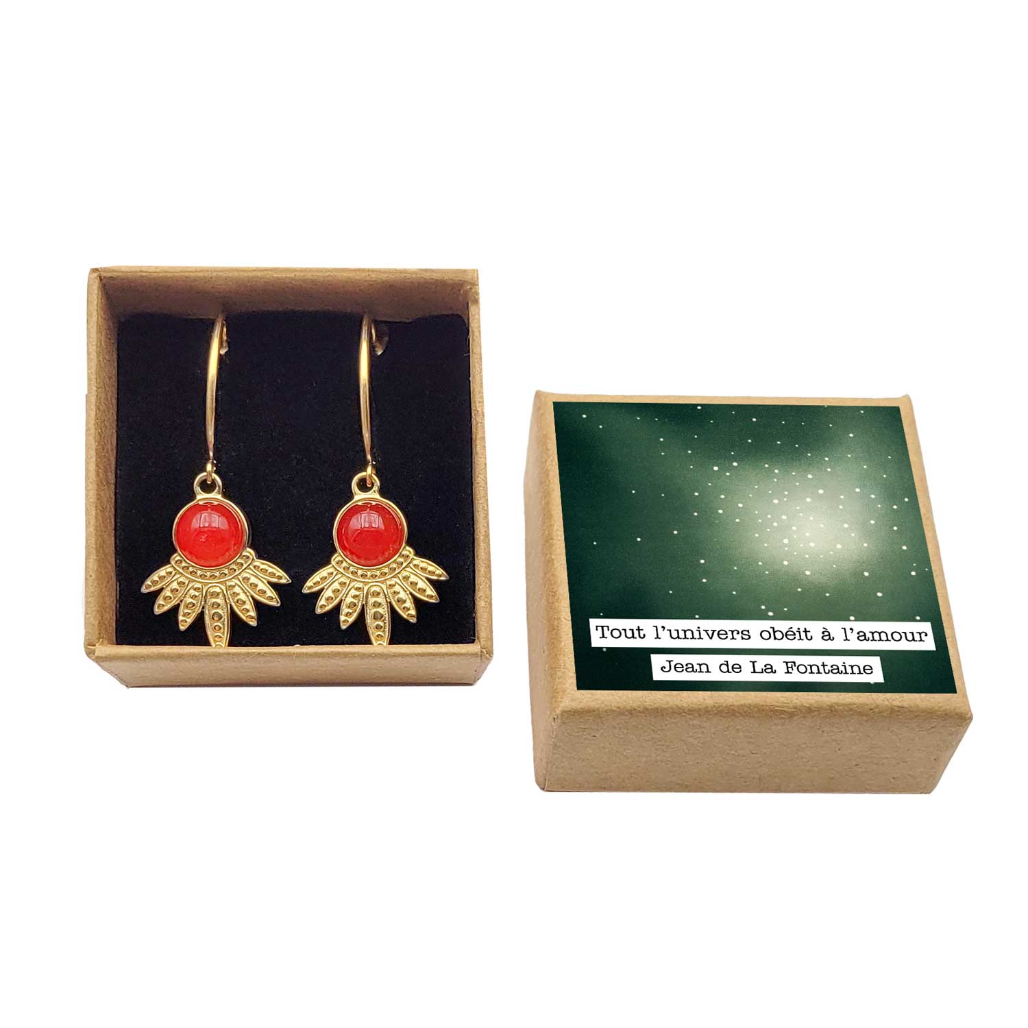 boucles d'oreilles demi créoles acier inoxydable doré avec jade rouge boite cadeau raffiné amour