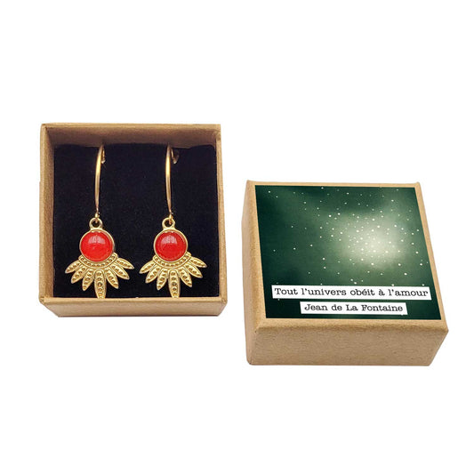 boucles d'oreilles demi créoles acier inoxydable doré avec jade rouge boite cadeau raffiné amour