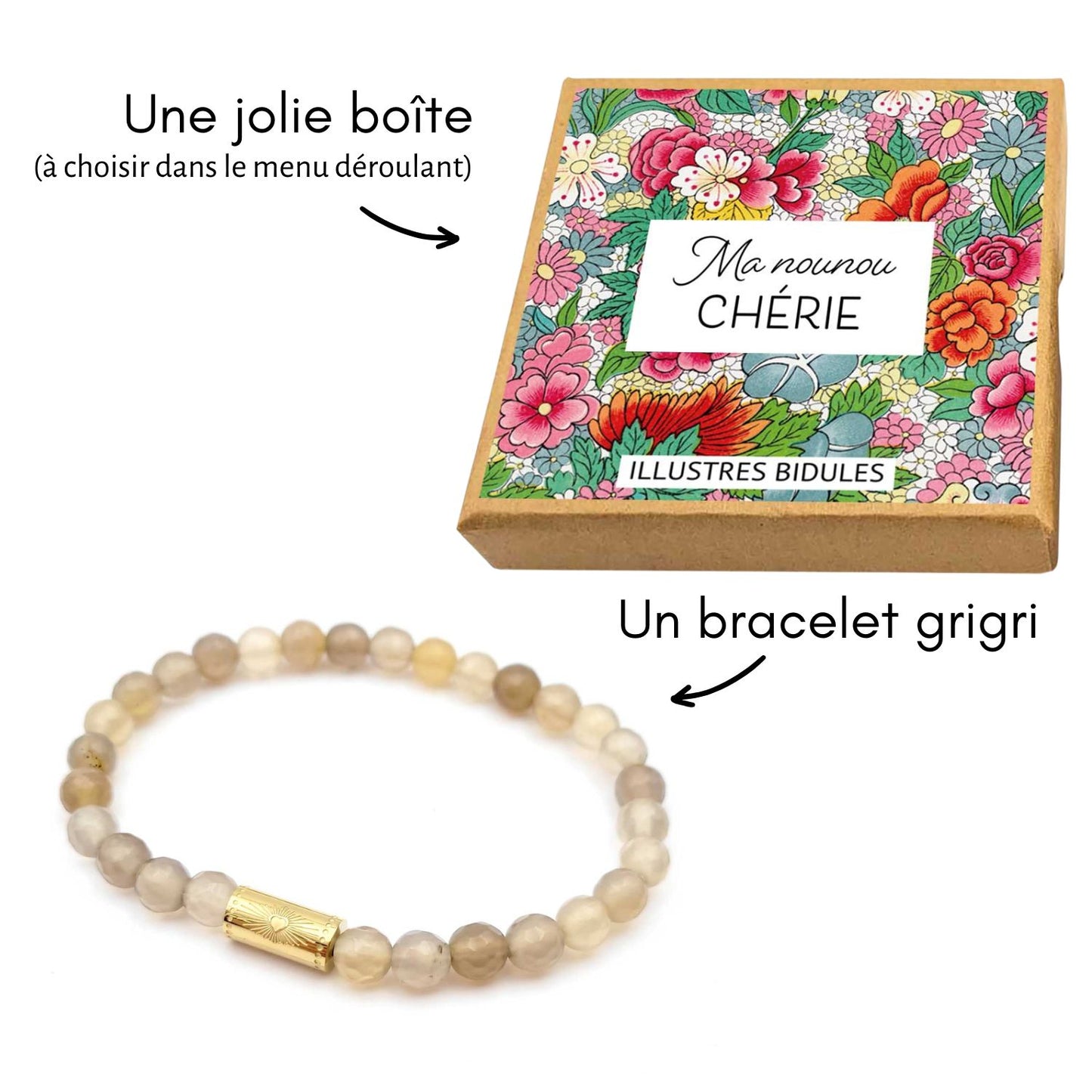 Bracelet agate grise – Ma nounou chérie – Cadeau pour maîtresse, nounou, ATSEM, AESH (Copie)