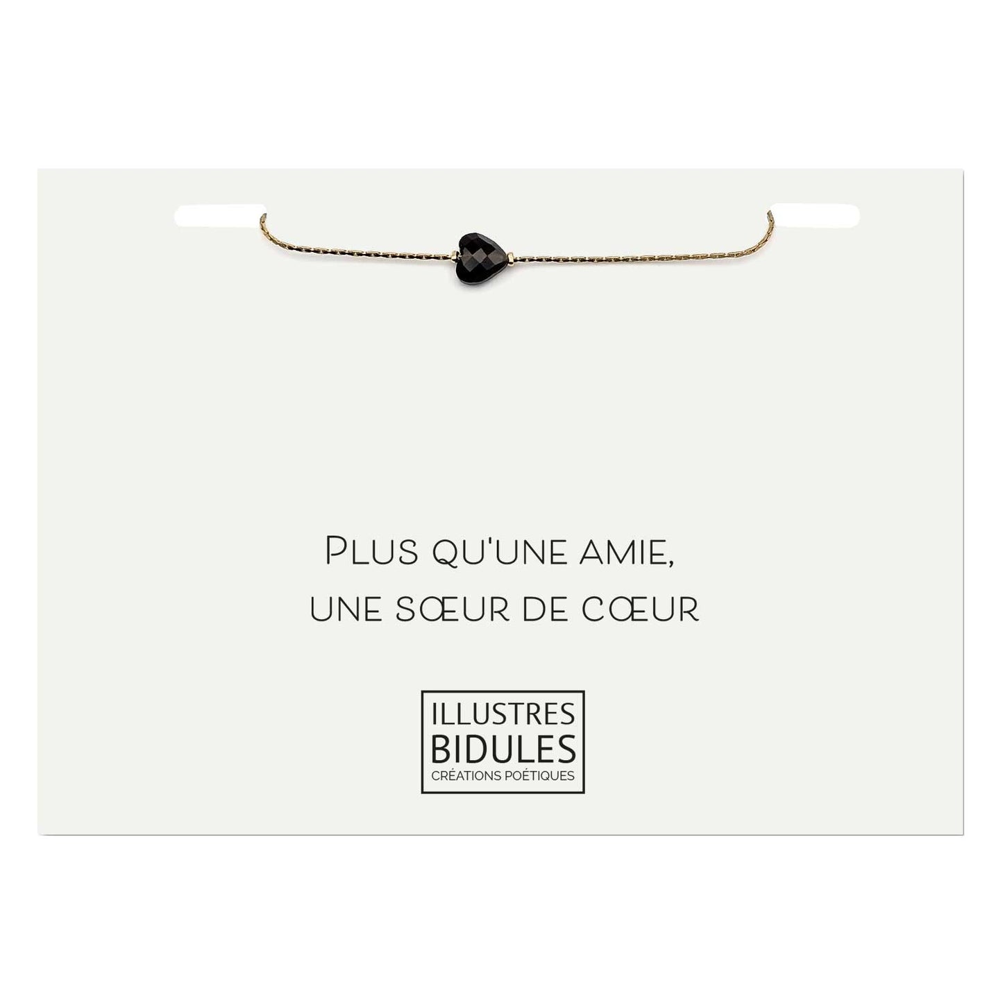 Bracelet Isadora coeur obsidienne doré sur carte à message amitié fait main en France