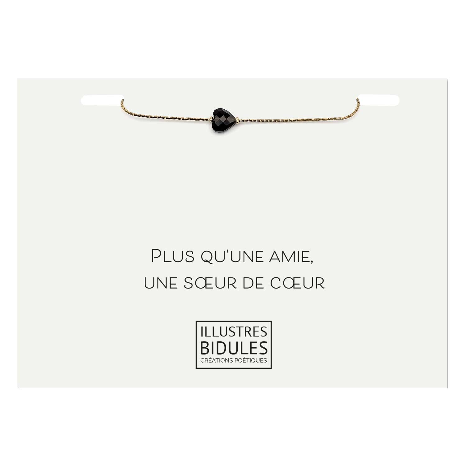 Bracelet Isadora coeur obsidienne doré sur carte à message amitié fait main en France
