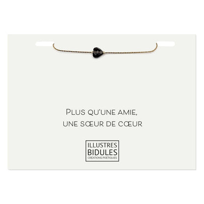 Bracelet Isadora coeur obsidienne doré sur carte à message amitié fait main en France