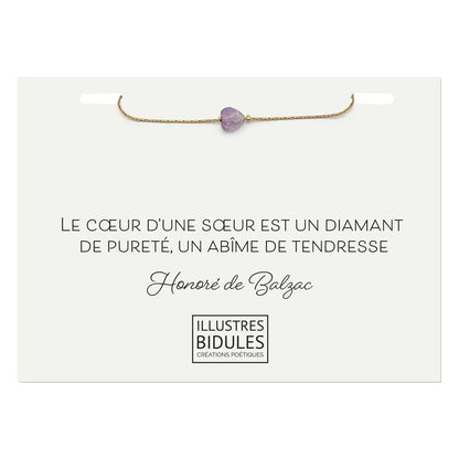 Bracelet Isadora coeur améthyste clair doré - Le coeur d'une soeur - Bijou minimaliste pierre naturelle violette