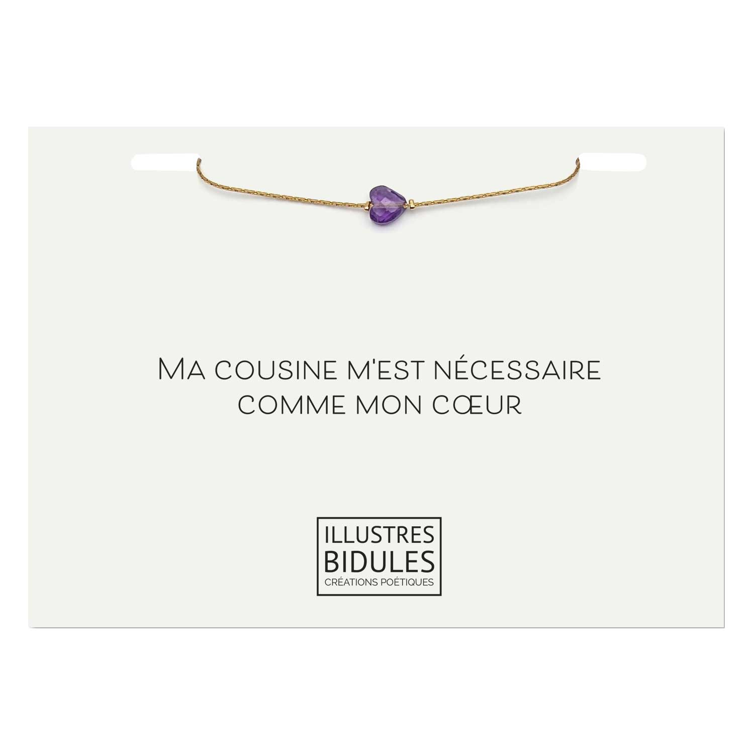 Bracelet minimaliste coeur améthyste foncé doré - Cadeau cousine pierre naturelle violette - Bijou délicat