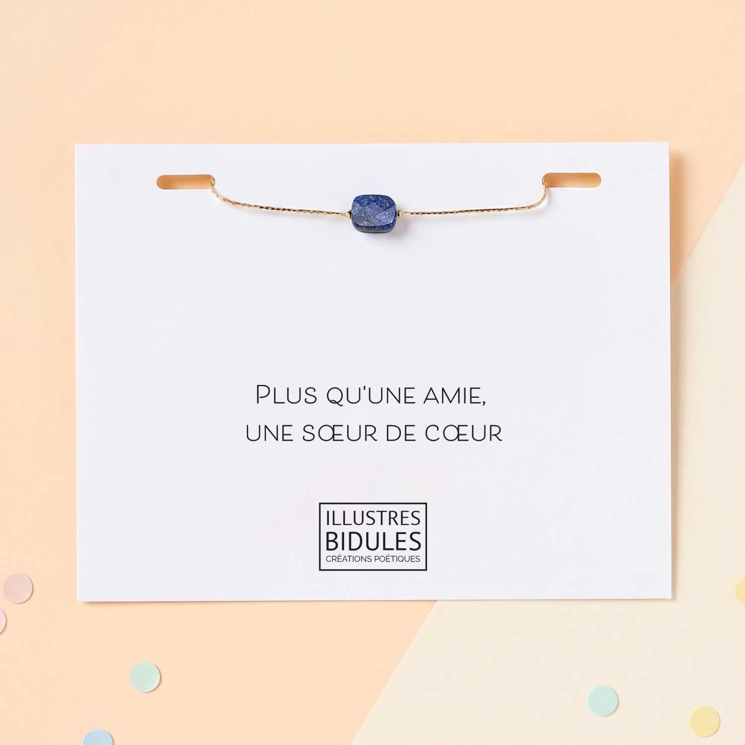 Bracelet Isadora facette bleu lapis-lazuli sur carte sœur de cœur