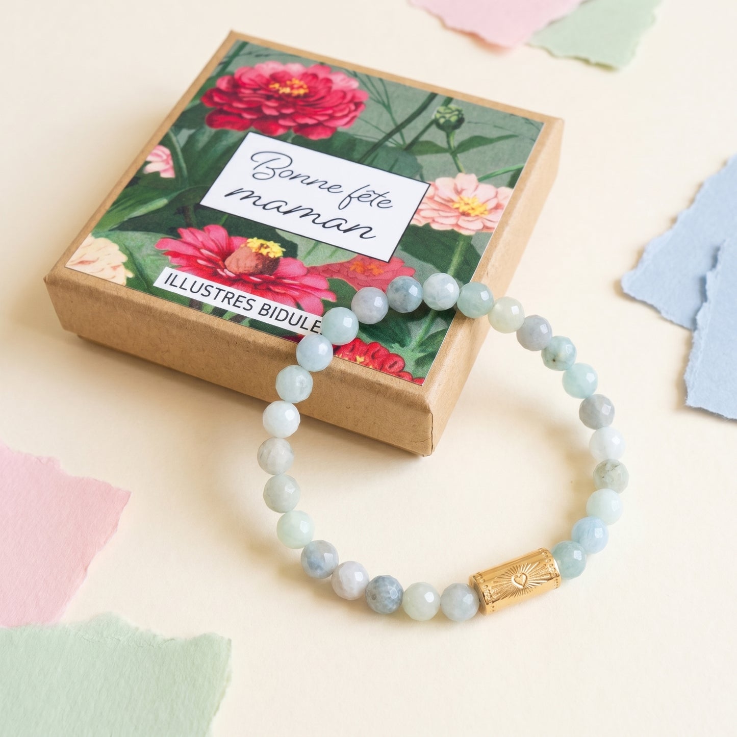 Bracelet Grigri aigue marine - Bonne fête maman
