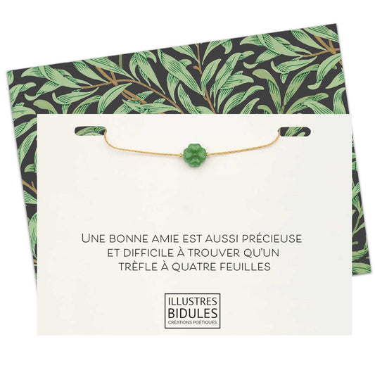 Bracelet à message Isadora trèfle vert doré, carte illustrée, prêt à offrir — Illustres Bidules cadezau pour une très bonne amie