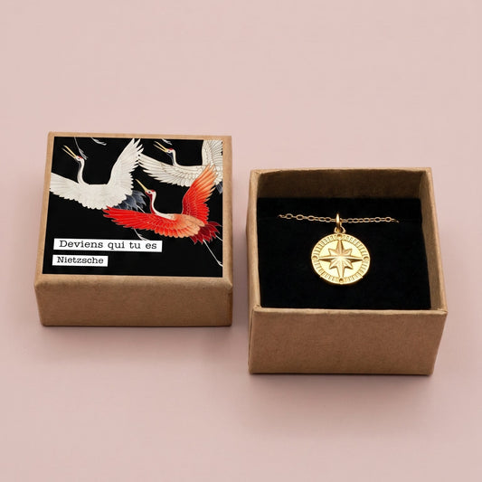 "Collier boussole Olympe doré dans sa boîte B7 Deviens qui tu es - Cadeau original pour un nouveau départ - Illustres Bidules"