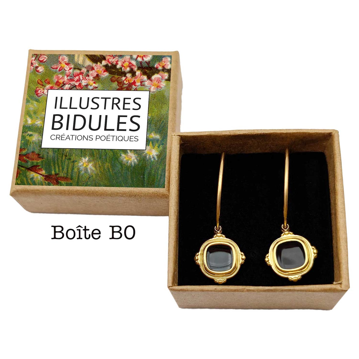 créoles styles art deco noir et doré acier inoxydable cadeau raffiné boite illustrée