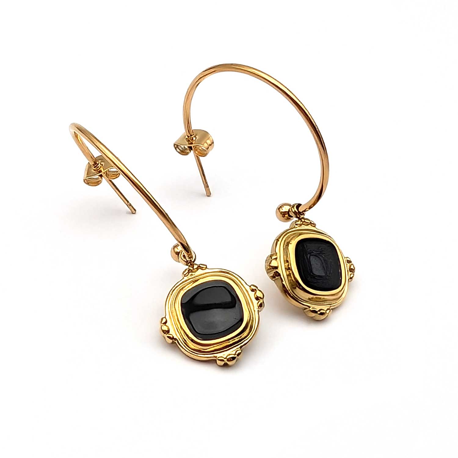 créoles style art deco noir et doré acier inoxydable