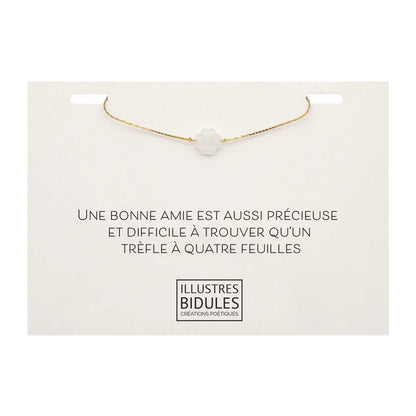 Bracelet doré trèfle blanc porte-bonheur avec carte message amitié