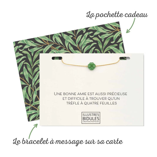 Bracelet trèfle vert dans pochette cadeau avec enveloppe - prêt à offrir