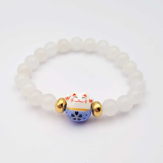 bracelet chat maneki neko avec perle en pierre naturelle blanche en jade