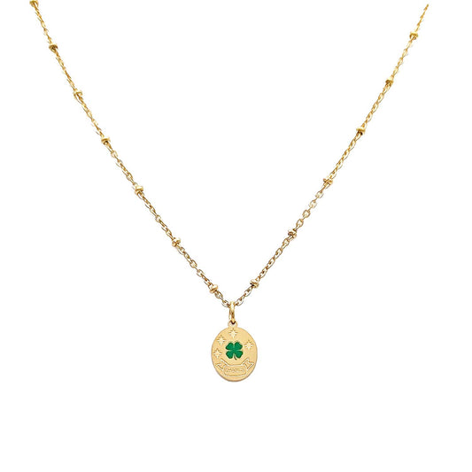 collier acier inoxydable doré avec pendentif trèfle à quatre feuille vert