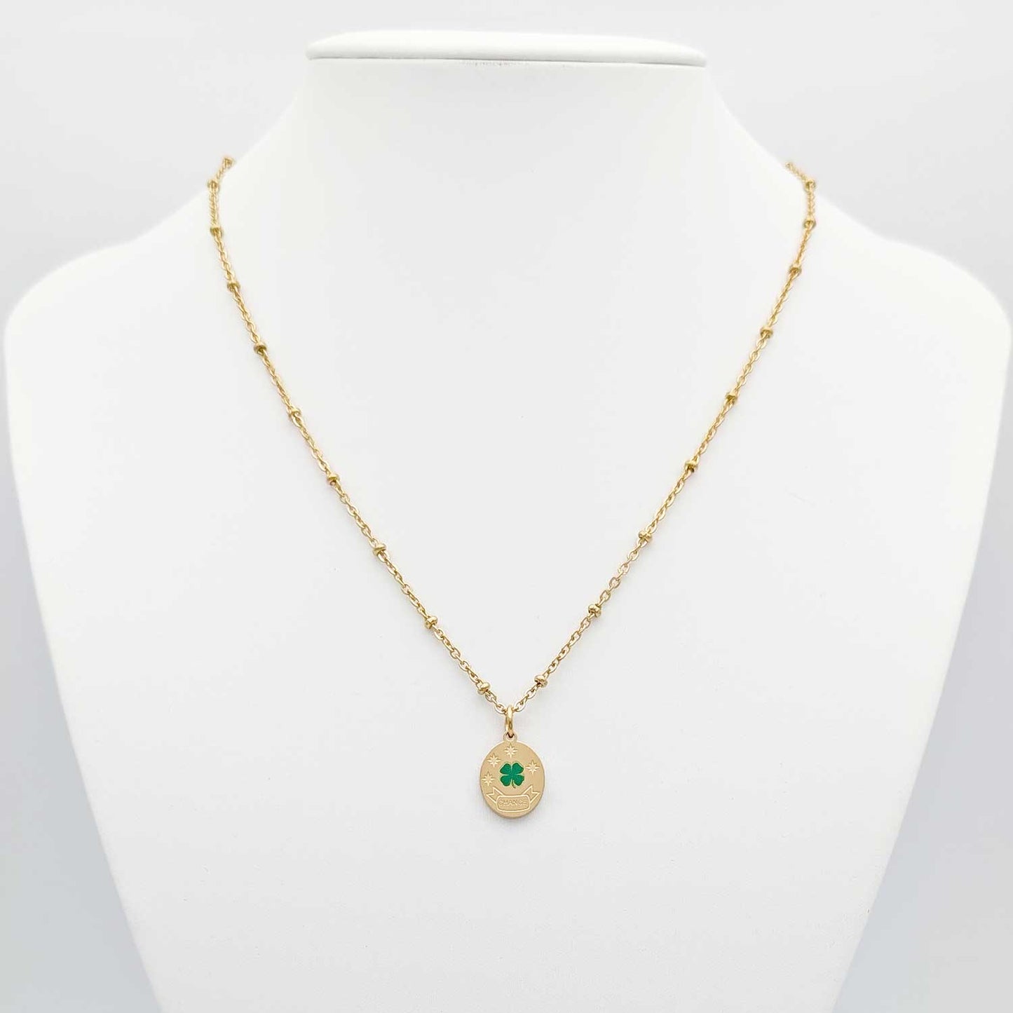 Collier porte-bonheur en acier inoxydable doré avec médaillon trèfle à quatre feuilles