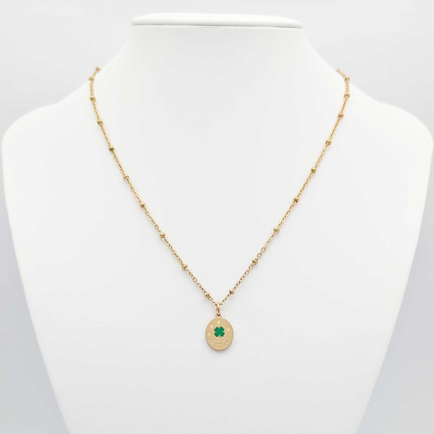 Collier porte-bonheur en acier inoxydable doré avec médaillon trèfle à quatre feuilles