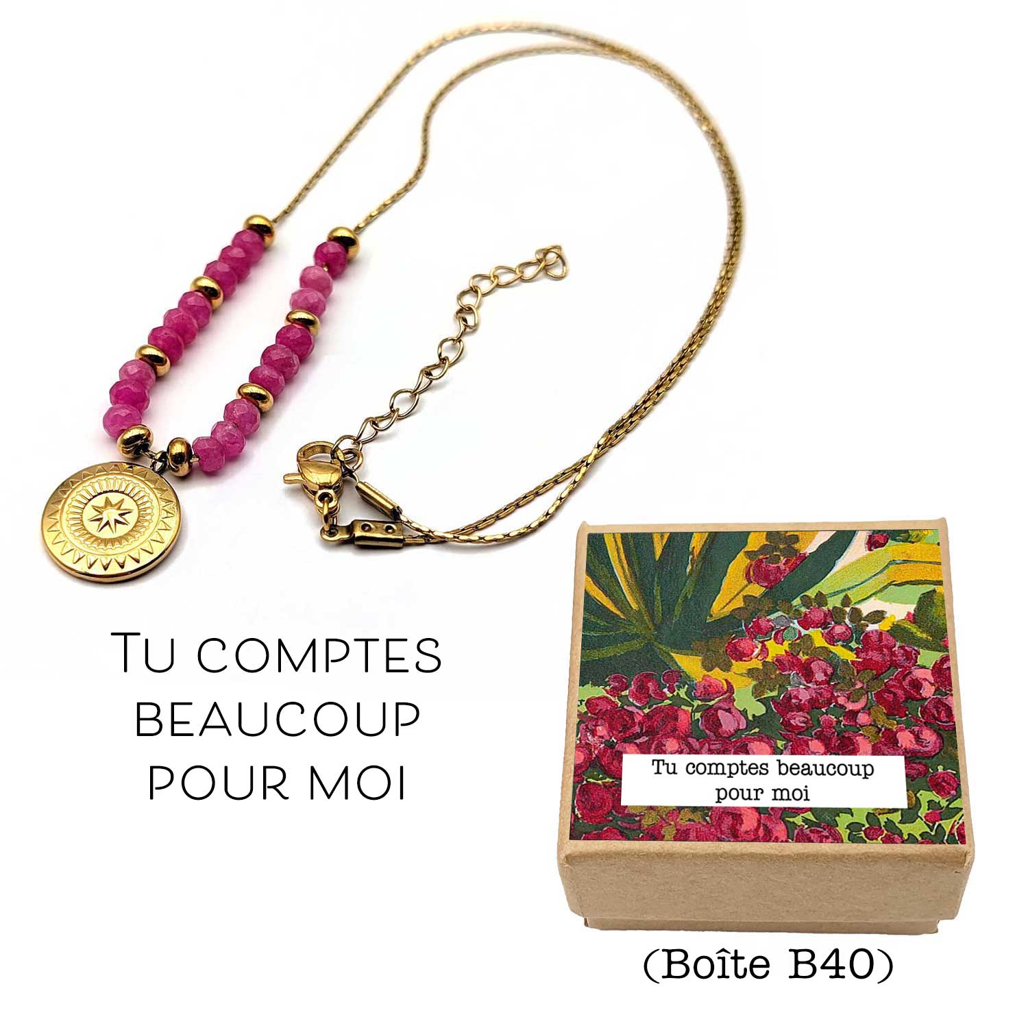 Collier Louise rose avec message « Tu comptes beaucoup pour moi »