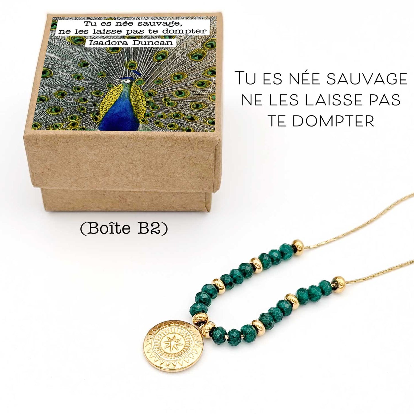 Collier Louise Vert - Médaillon Solaire Doré | Perles Vertes Facettées | Illustres Bidules