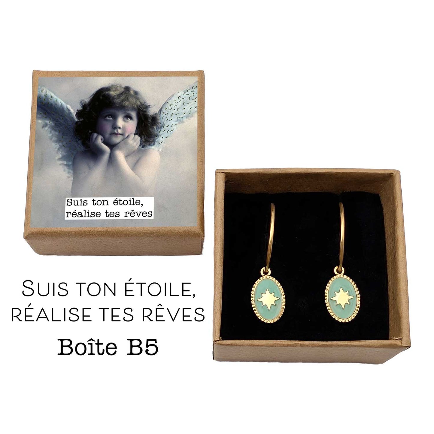 Boucles d'oreilles Sky dans leur boîte cadeau Suis ton étoile réalise tes rêves