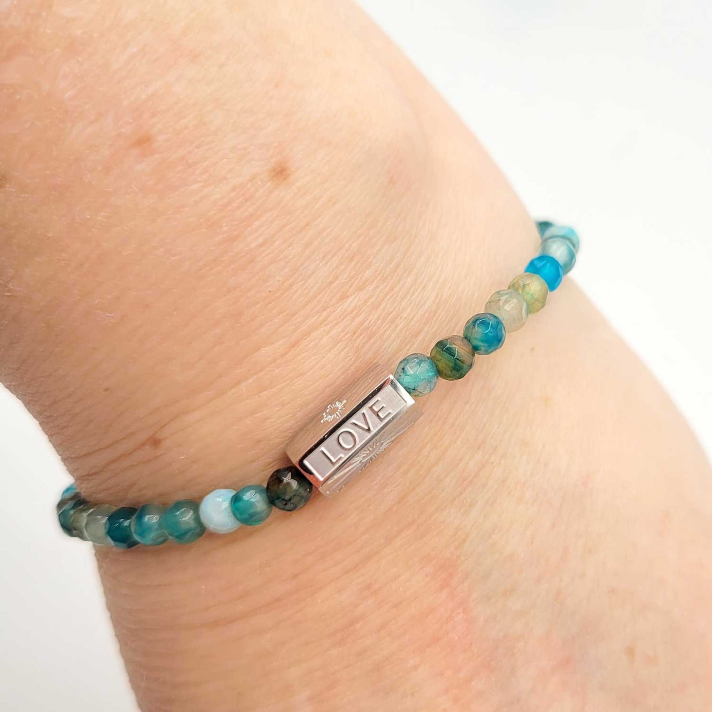 Bracelet agate bleue – Merci et bonnes vacances – Cadeau pour maîtresse, nounou, ATSEM, AESH