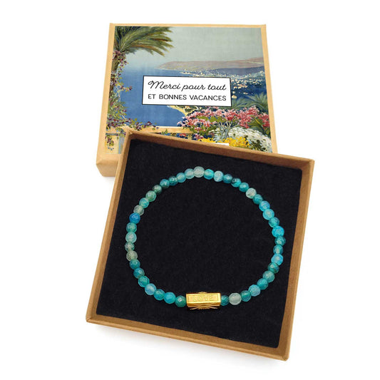 Bracelet agate bleue – Merci et bonnes vacances – Cadeau pour maîtresse, nounou, ATSEM, AESH