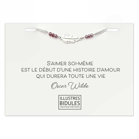 Bracelet Inox: plume acier inoxydable prune - S'aimer soi même est le début d'une histoire d'amour...