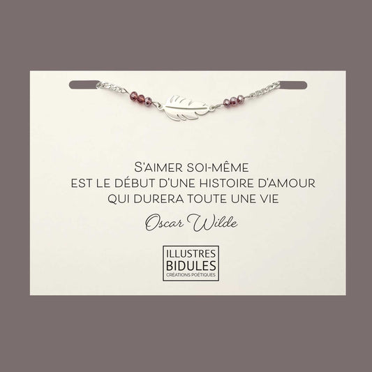 Bracelet Inox: plume acier inoxydable prune - S'aimer soi même est le début d'une histoire d'amour...
