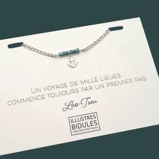 Bracelet Inox ancre:  Un voyage de mille lieues commence toujours par un premier pas - argenté