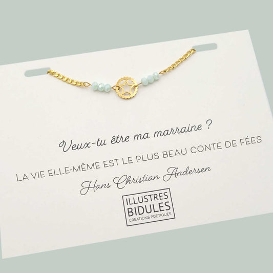 Bracelet Inox: étoile rond: Veux tu être ma marraine-doré
