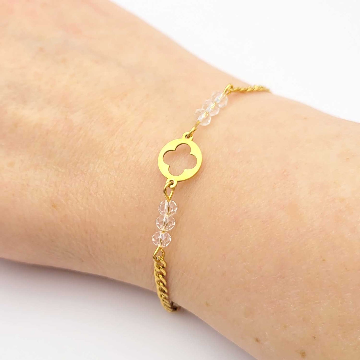 Bracelet Inox trèfle cristal doré - Bonne chance