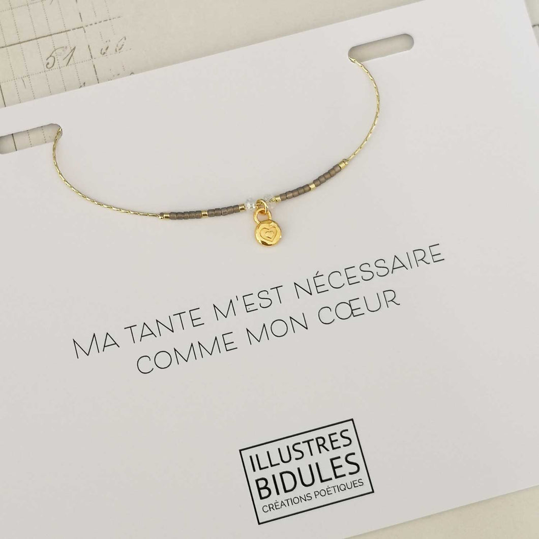 Illustres Bidules Bracelet miyuki petit coeur - gris - Ma tante m'est nécessaire comme mon coeur